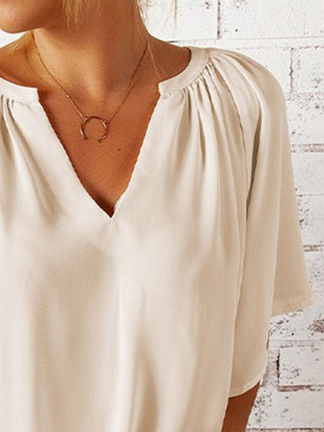 Ruched Notched Half Sleeve Blouse.