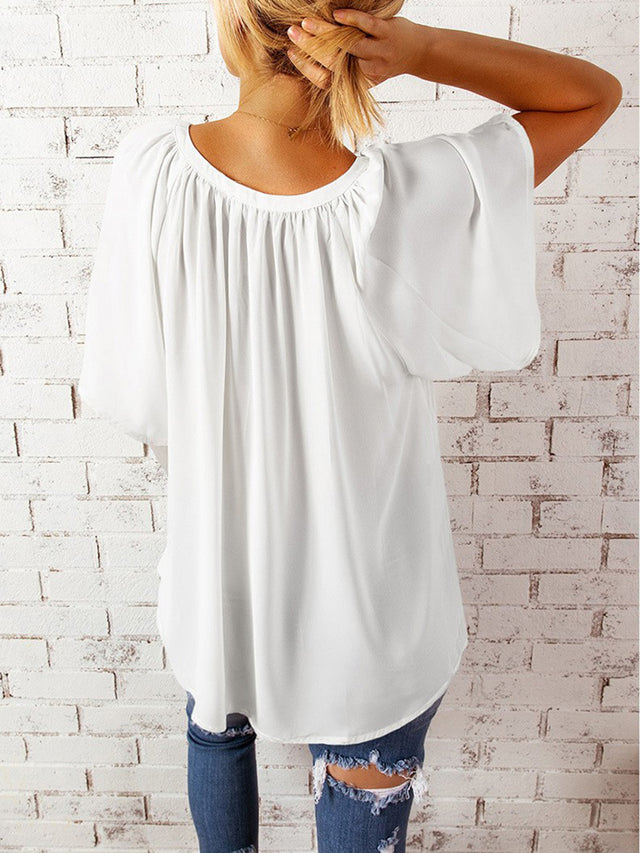 Ruched Notched Half Sleeve Blouse.
