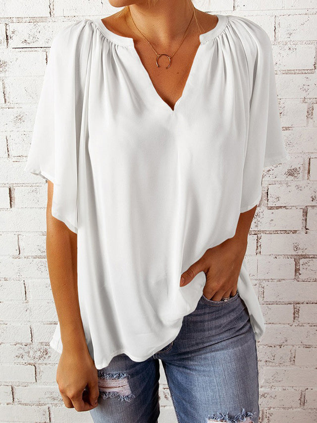 Ruched Notched Half Sleeve Blouse.