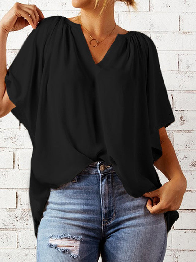 Ruched Notched Half Sleeve Blouse.