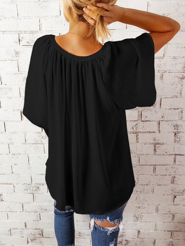 Ruched Notched Half Sleeve Blouse.