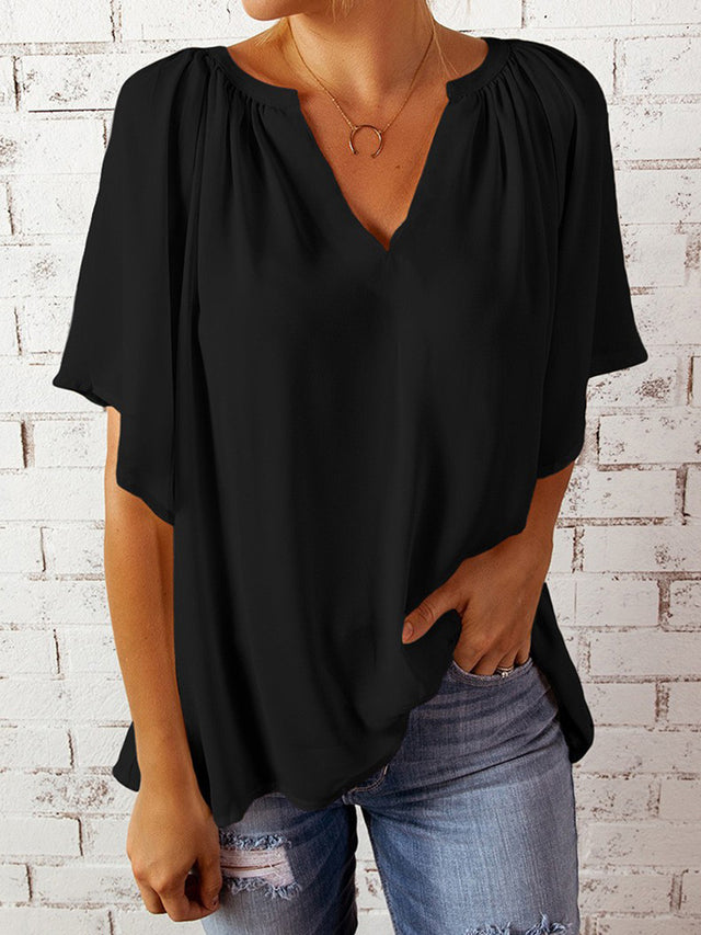 Ruched Notched Half Sleeve Blouse.