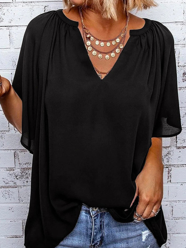 Ruched Notched Half Sleeve Blouse.