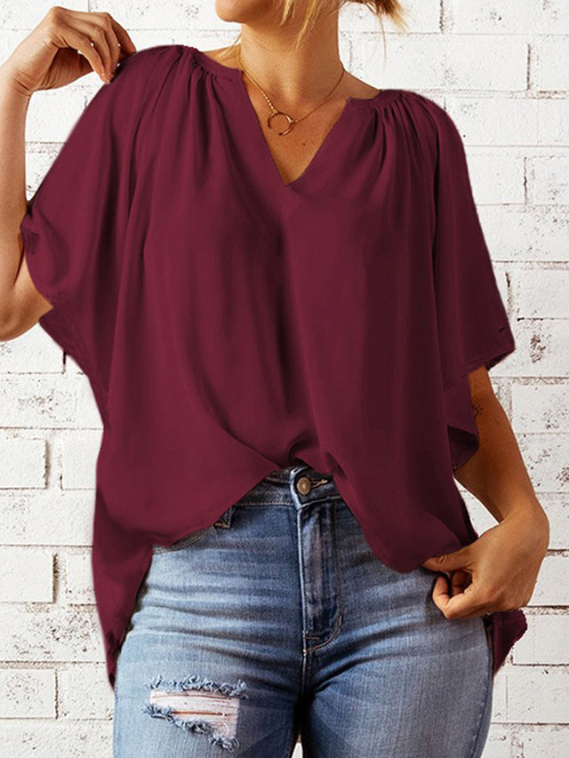 Ruched Notched Half Sleeve Blouse.