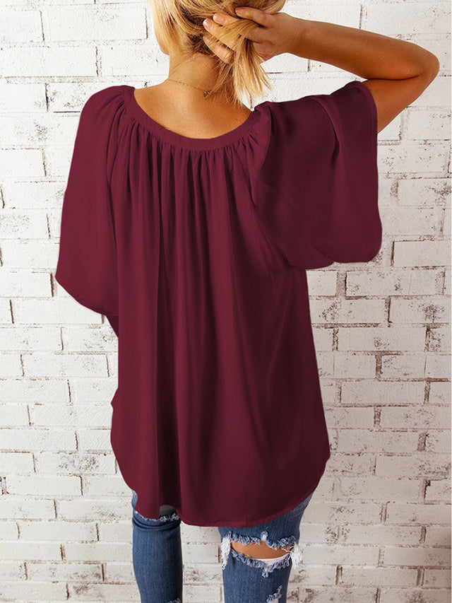 Ruched Notched Half Sleeve Blouse.
