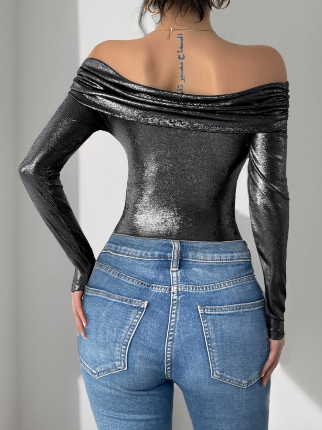 Perfee Ruched Off-Shoulder Long Sleeve Bodysuit.