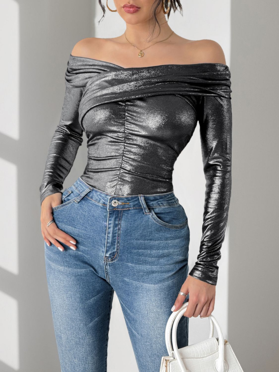 Perfee Ruched Off-Shoulder Long Sleeve Bodysuit.