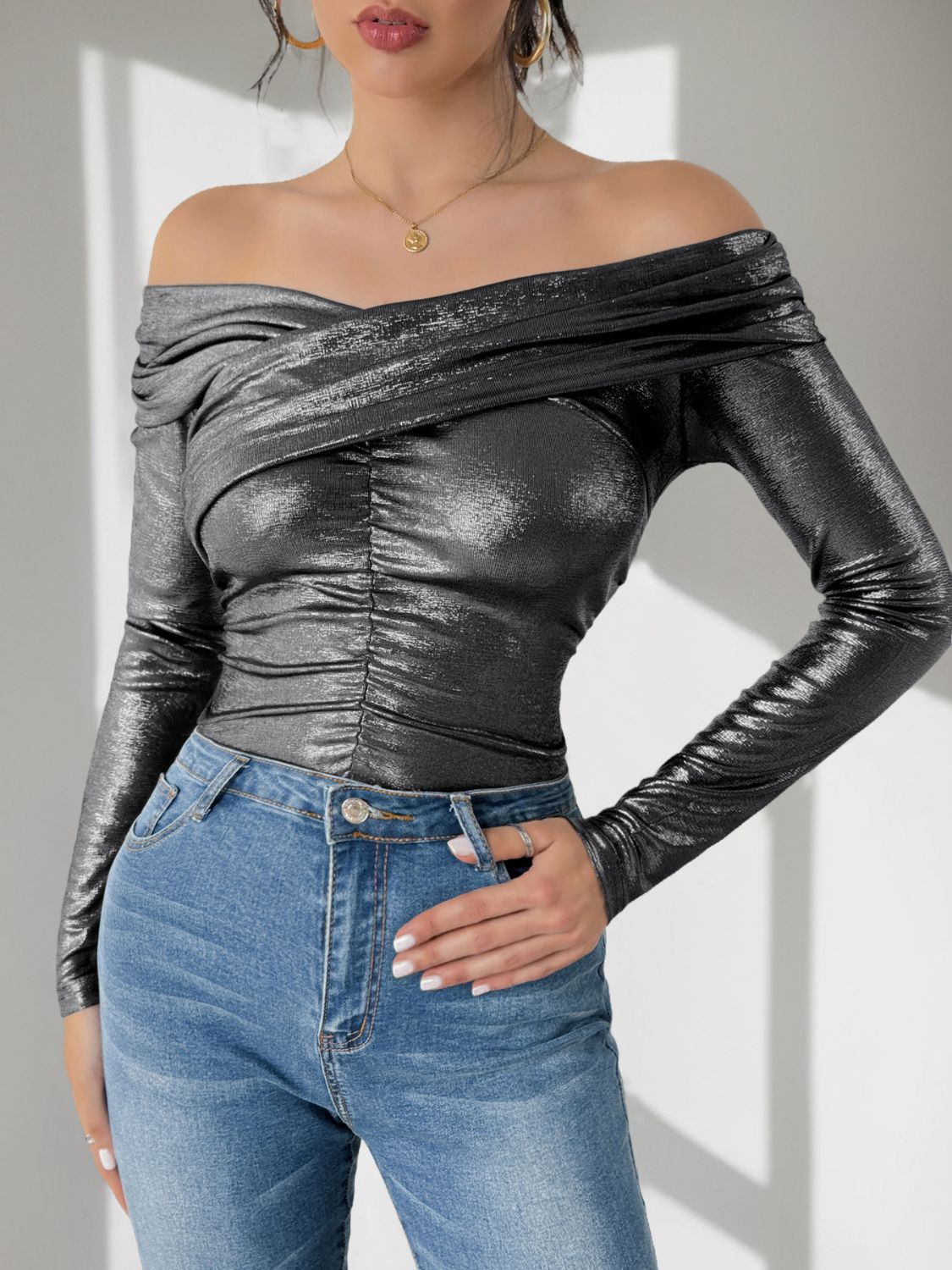 Perfee Ruched Off-Shoulder Long Sleeve Bodysuit.