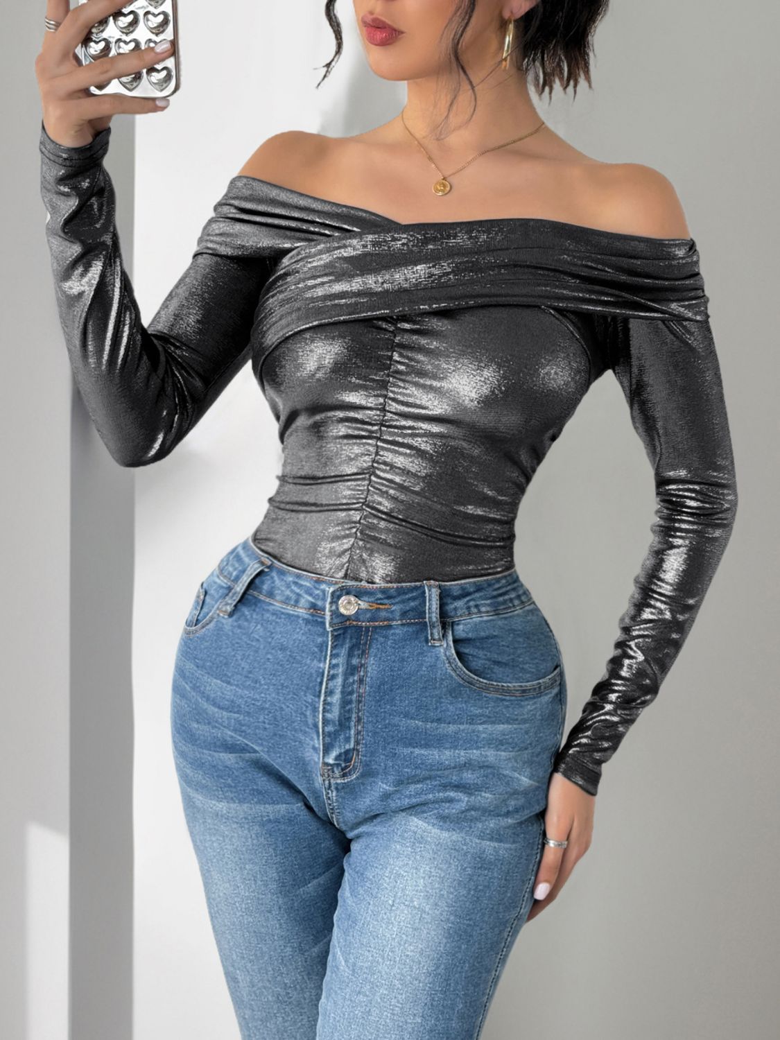 Perfee Ruched Off-Shoulder Long Sleeve Bodysuit.