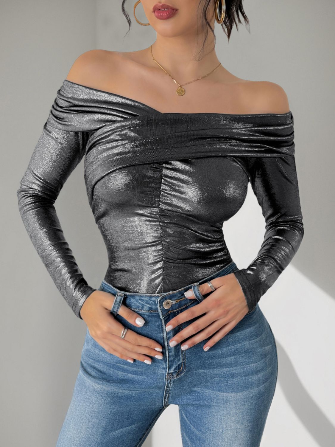 Perfee Ruched Off-Shoulder Long Sleeve Bodysuit.