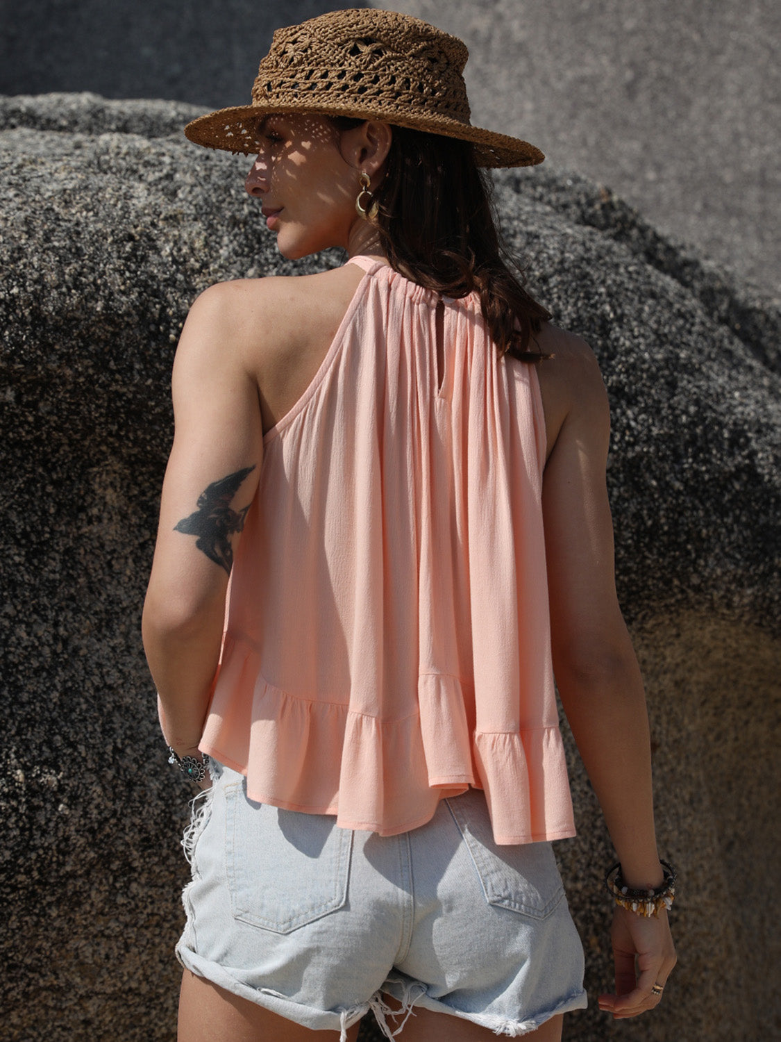 Ruched peplum round neck tank, opaque.
