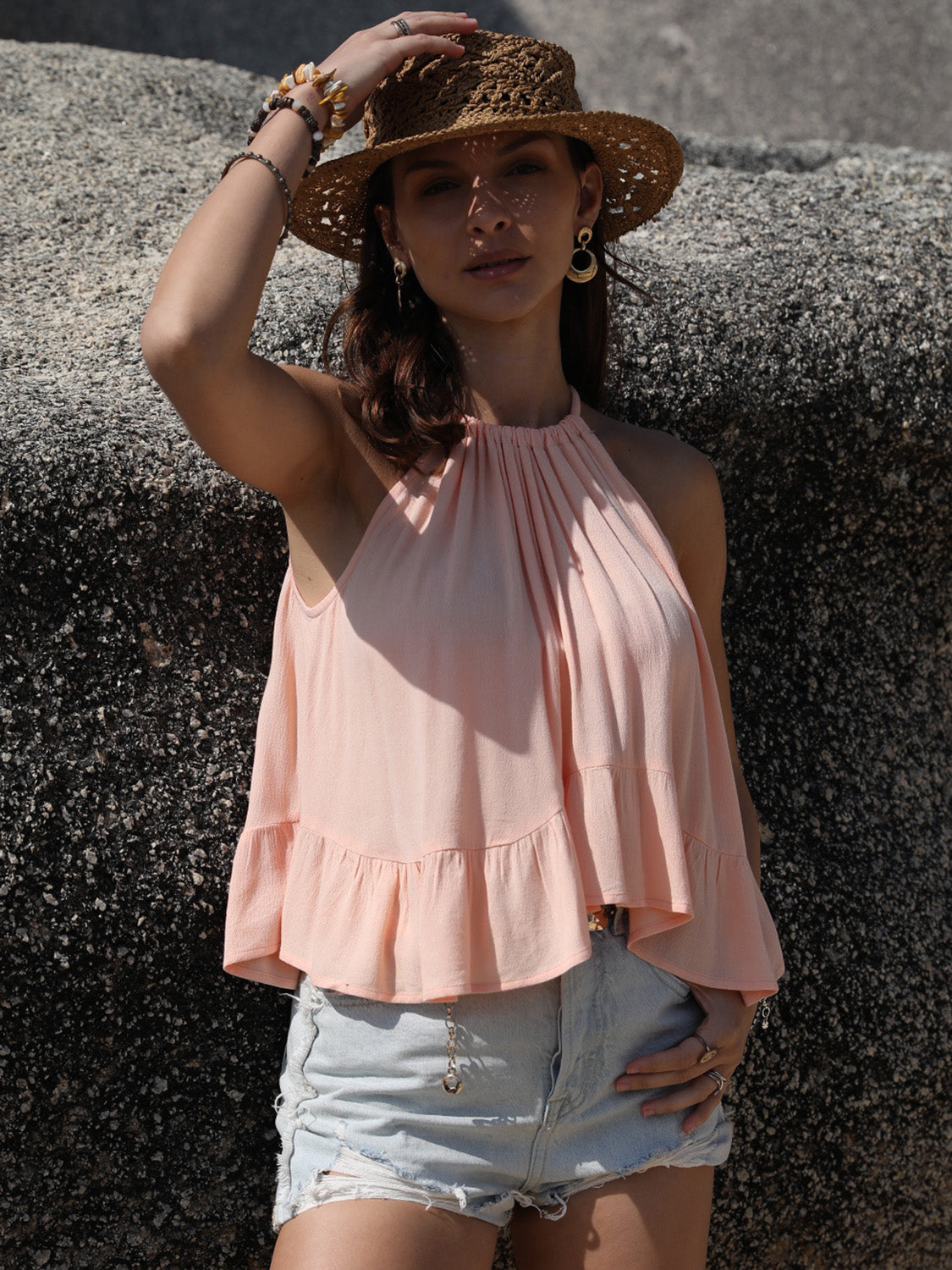 Ruched peplum round neck tank, opaque.