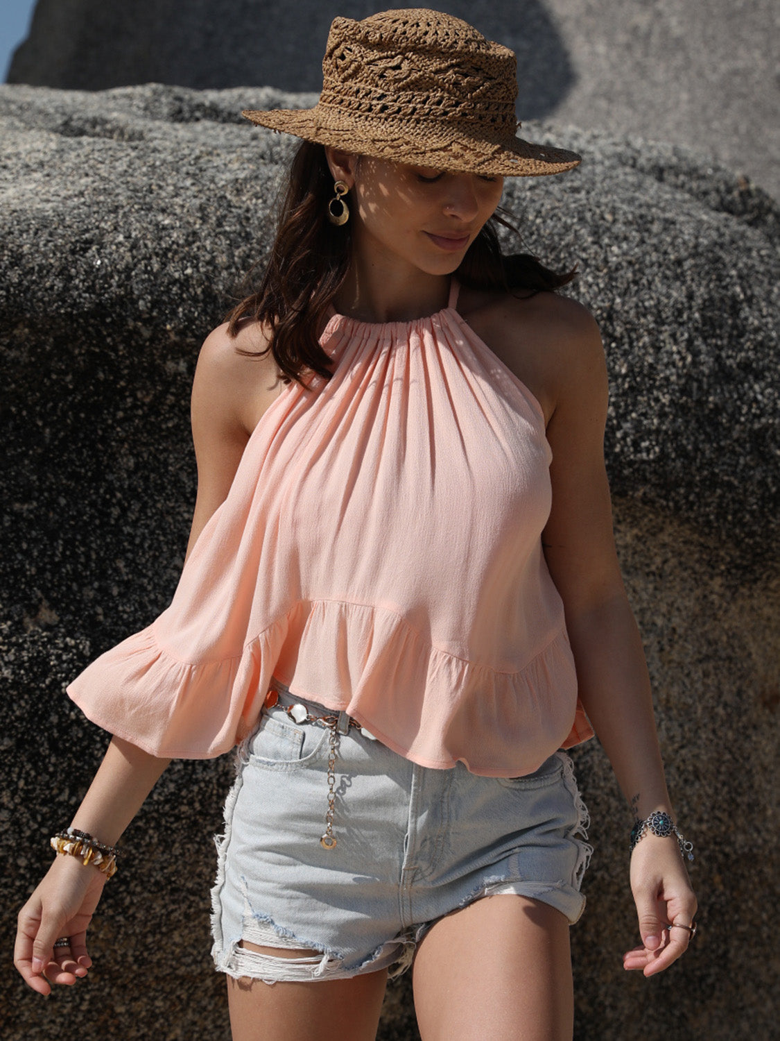 Ruched peplum round neck tank, opaque.