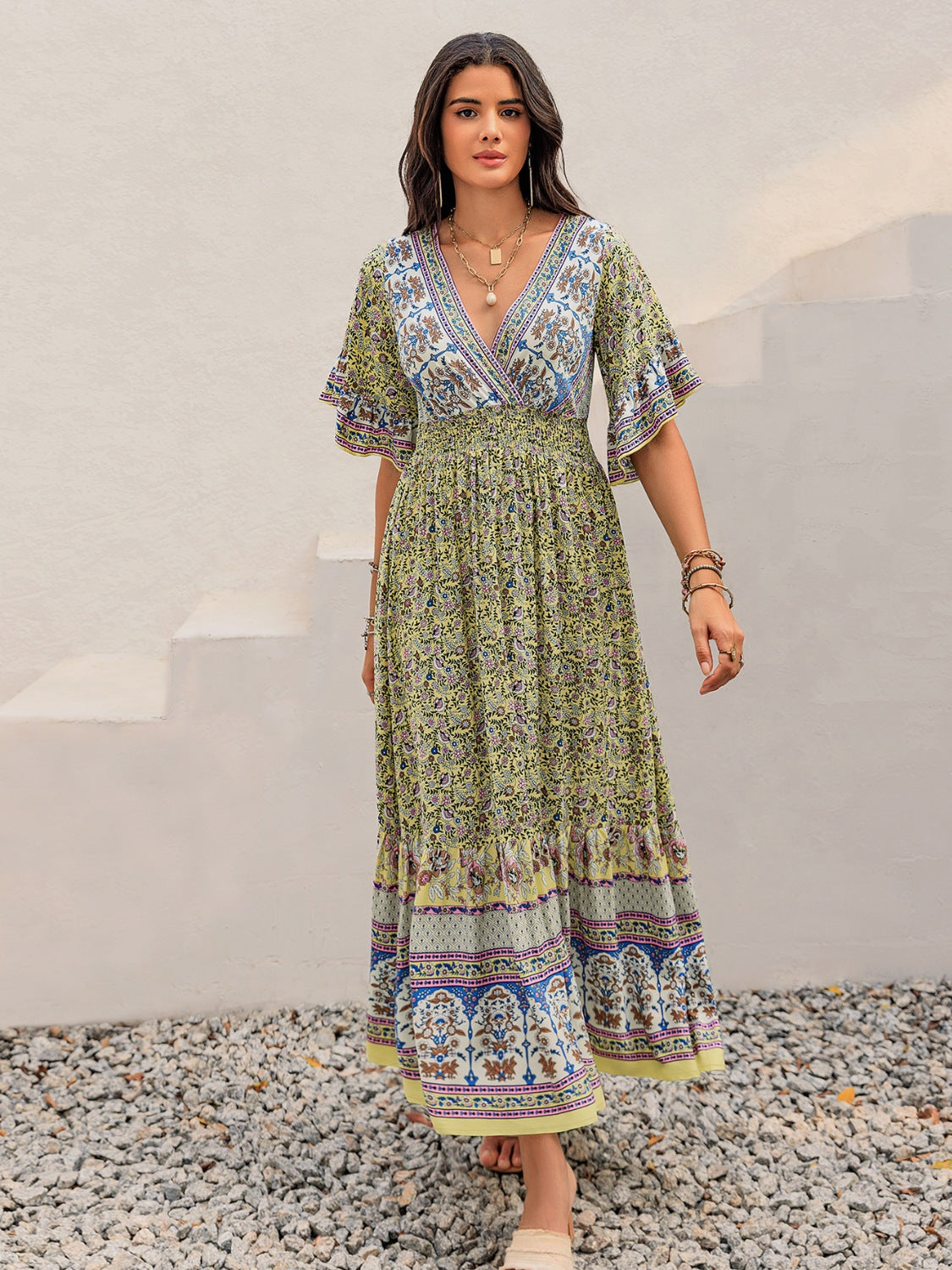 Ruched Printed Flounce Sleeve Maxi Dress.