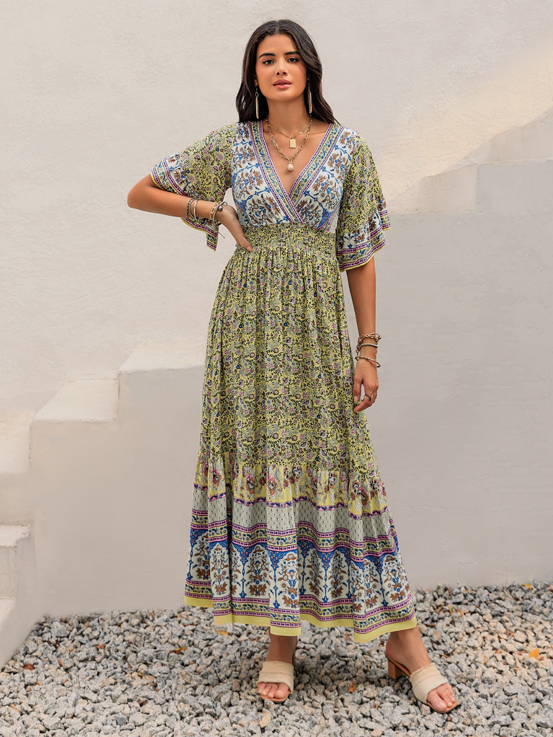 Ruched Printed Flounce Sleeve Maxi Dress.