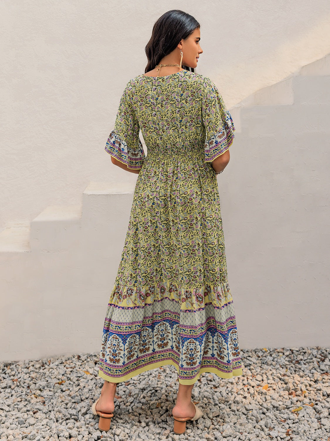 Ruched Printed Flounce Sleeve Maxi Dress.