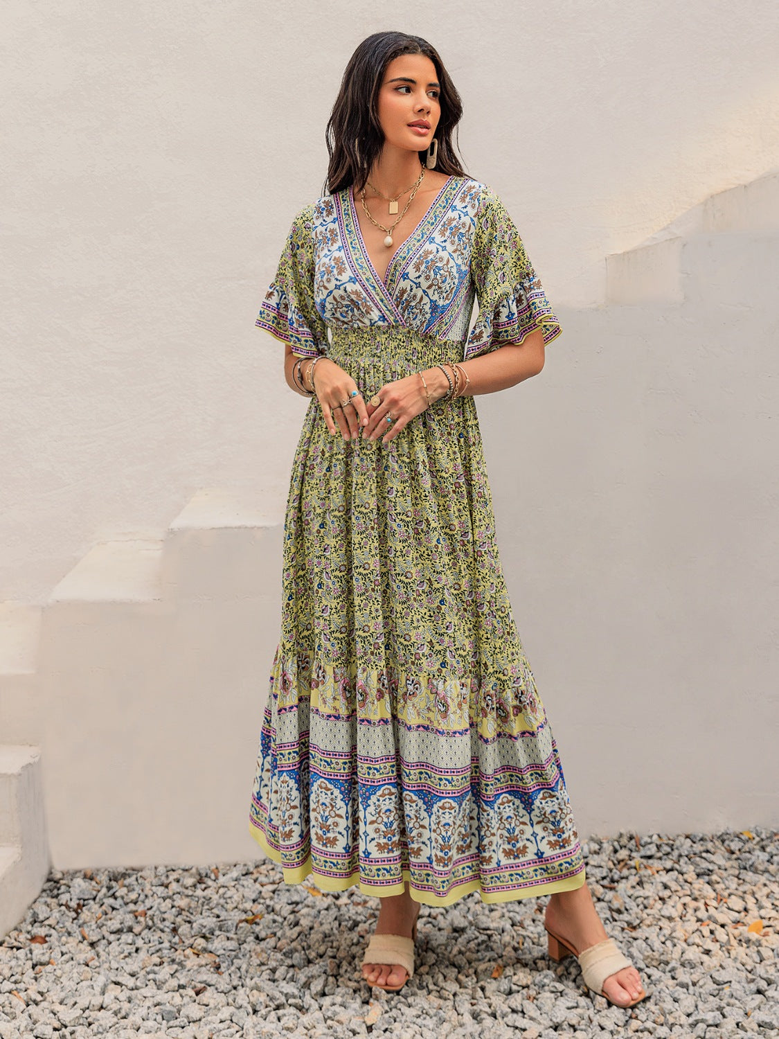 Ruched Printed Flounce Sleeve Maxi Dress.