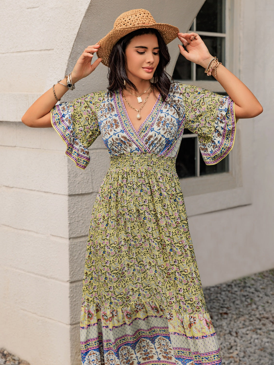 Ruched Printed Flounce Sleeve Maxi Dress.