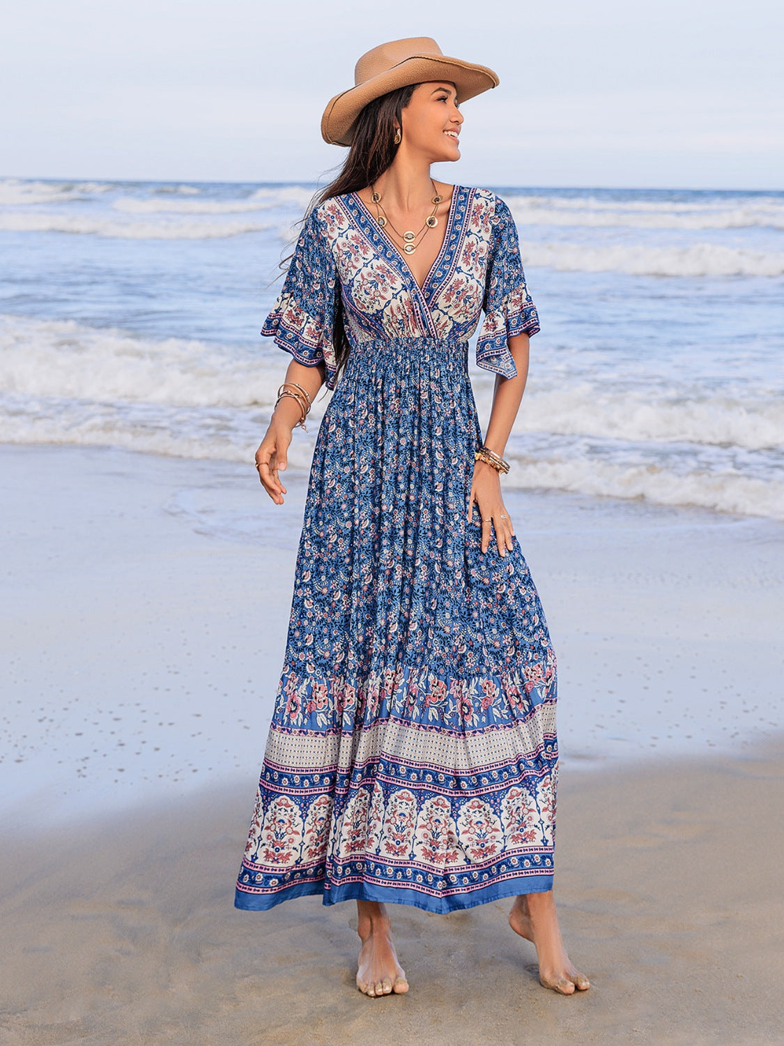 Ruched Printed Flounce Sleeve Midi Dress.
