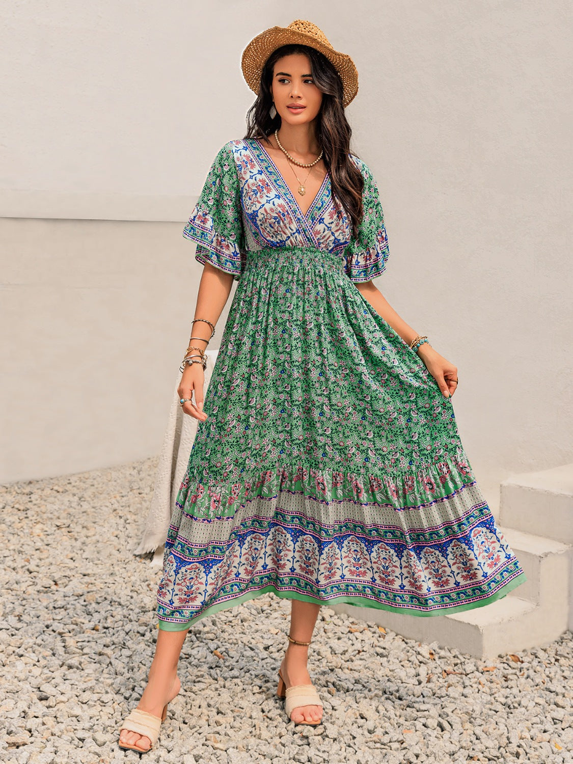 Ruched Printed Flounce Sleeve Midi Dress.