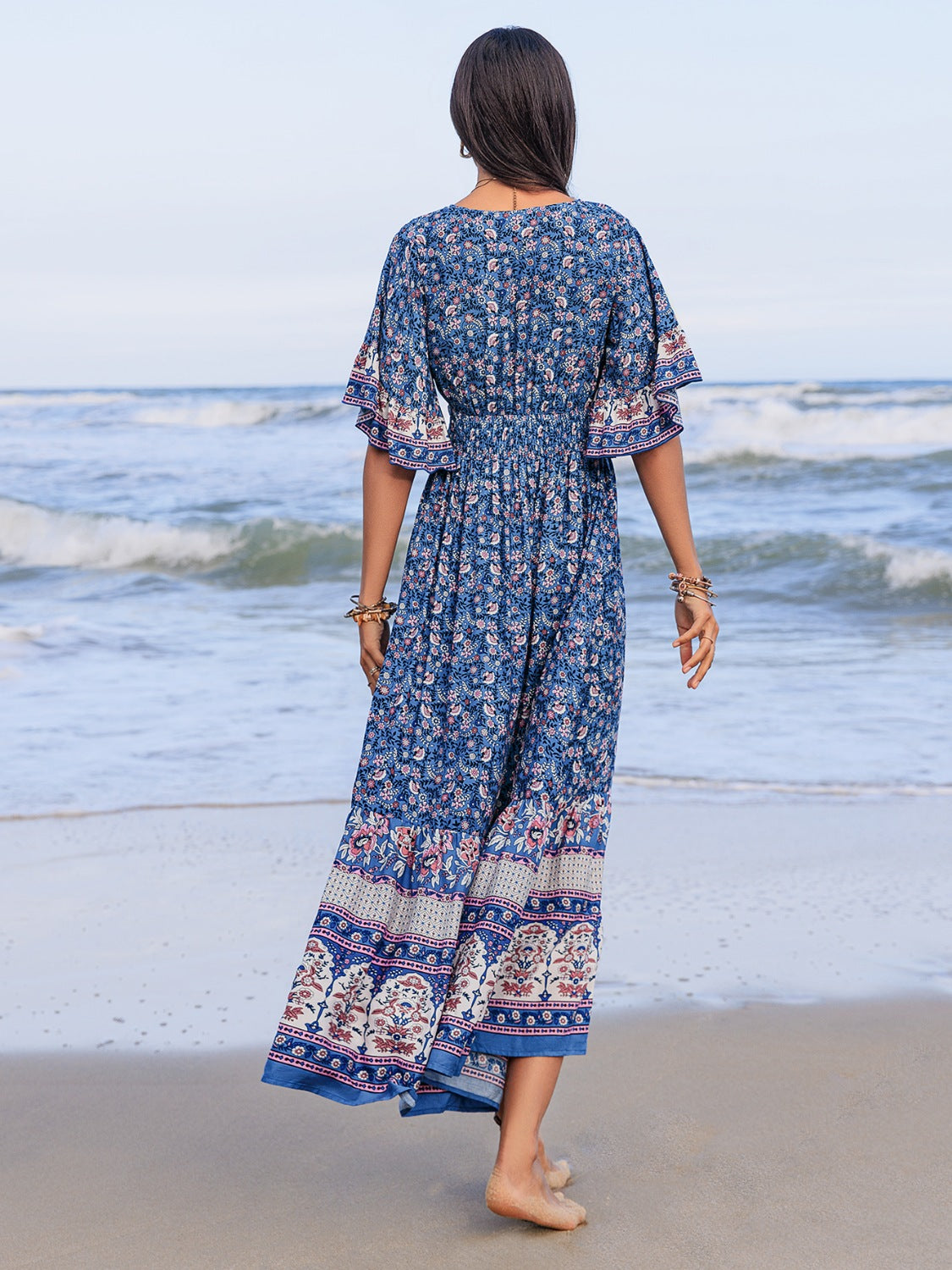 Ruched Printed Flounce Sleeve Midi Dress.