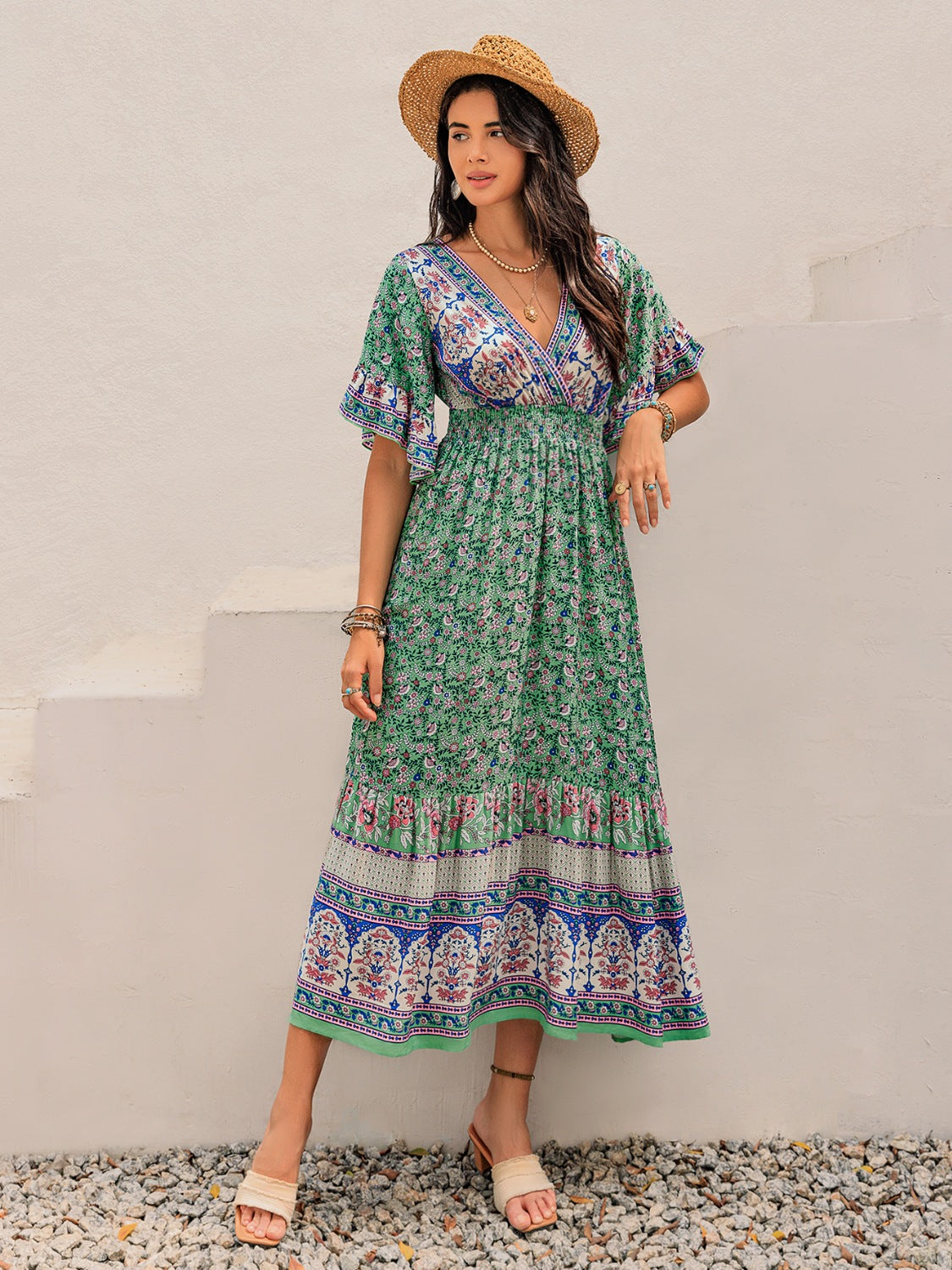 Ruched Printed Flounce Sleeve Midi Dress.