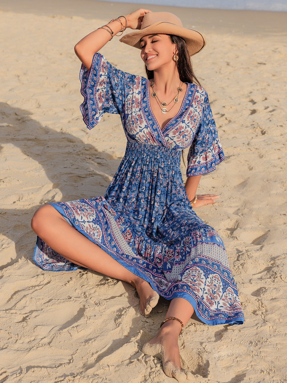 Ruched Printed Flounce Sleeve Midi Dress.