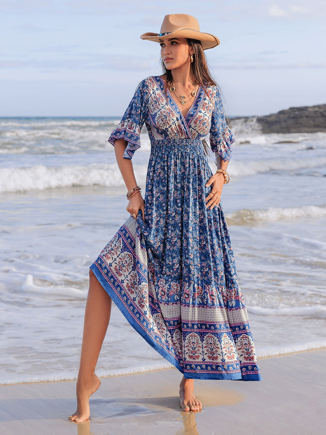 Ruched Printed Flounce Sleeve Midi Dress.