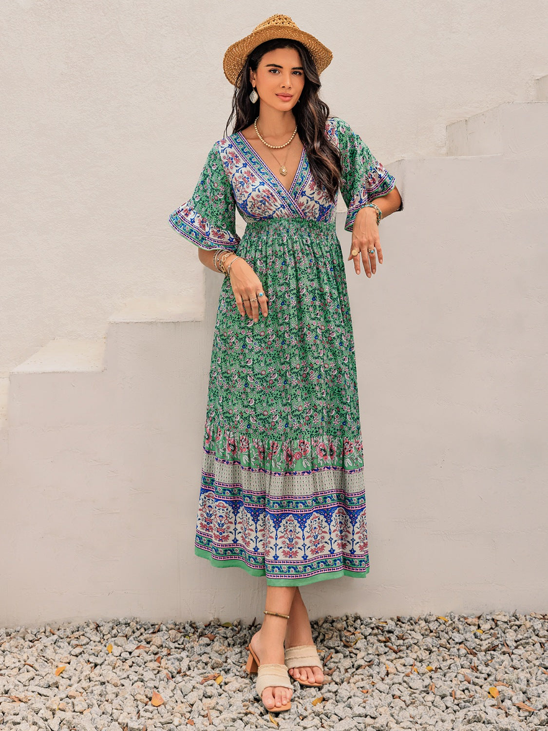 Ruched Printed Flounce Sleeve Midi Dress.