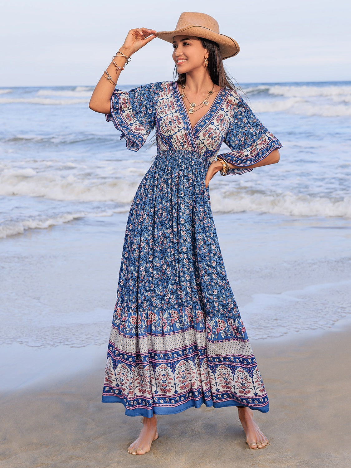 Ruched Printed Flounce Sleeve Midi Dress.