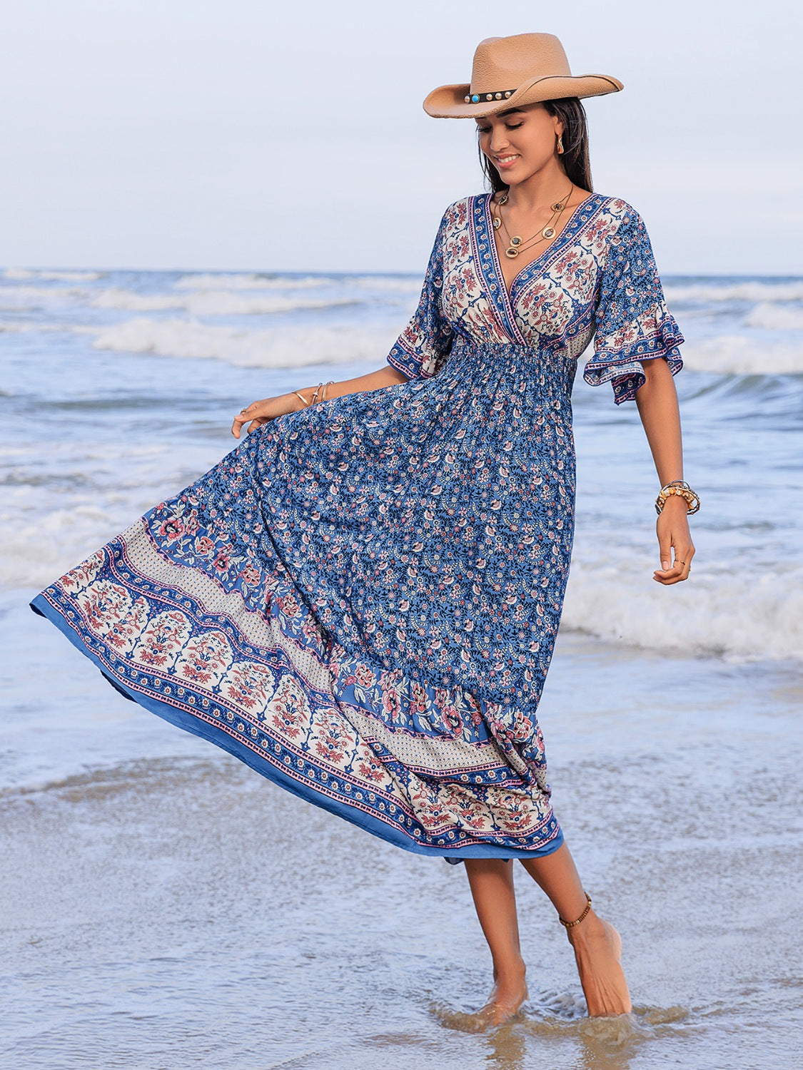Ruched Printed Flounce Sleeve Midi Dress.