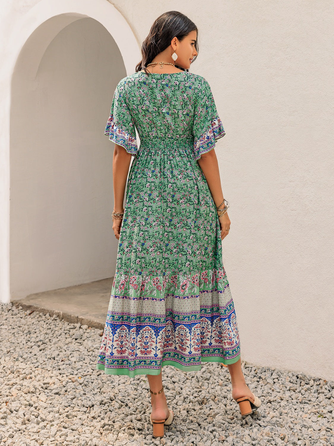 Ruched Printed Flounce Sleeve Midi Dress.