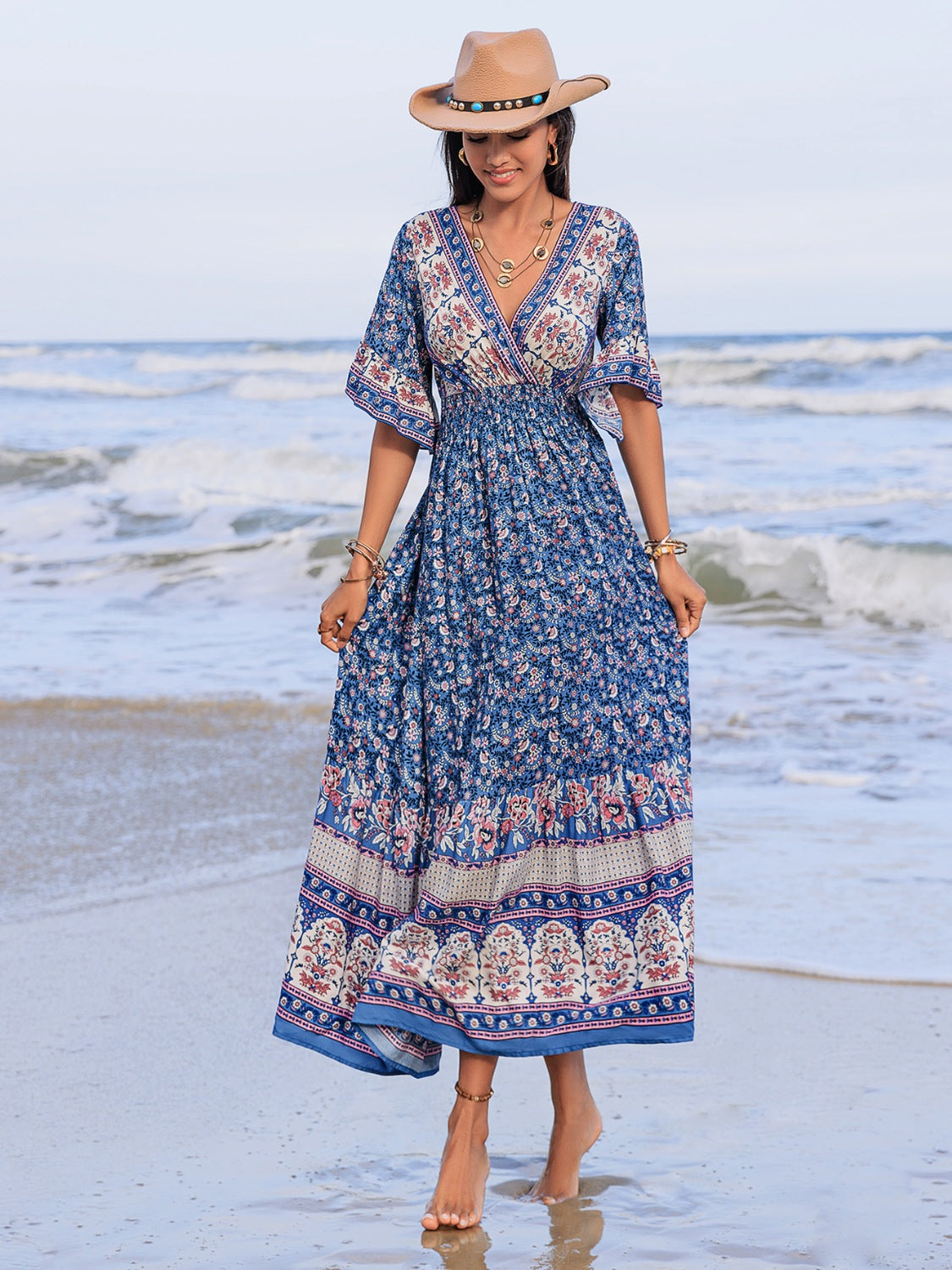 Ruched Printed Flounce Sleeve Midi Dress.