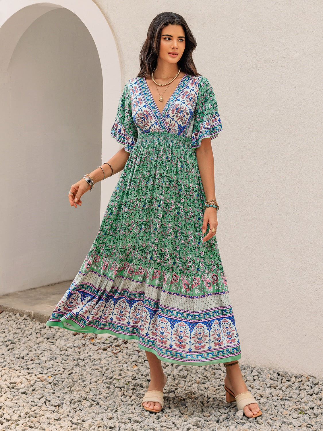 Ruched Printed Flounce Sleeve Midi Dress.