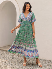 Ruched Printed Flounce Sleeve Midi Dress.