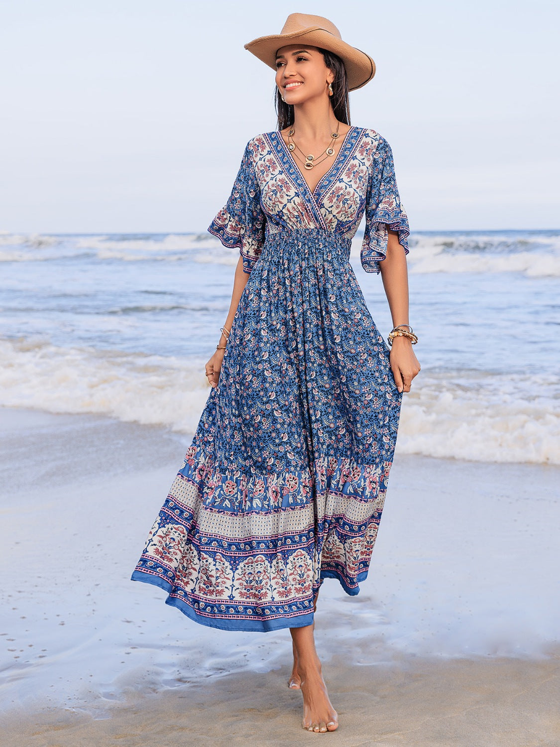 Ruched Printed Flounce Sleeve Midi Dress.