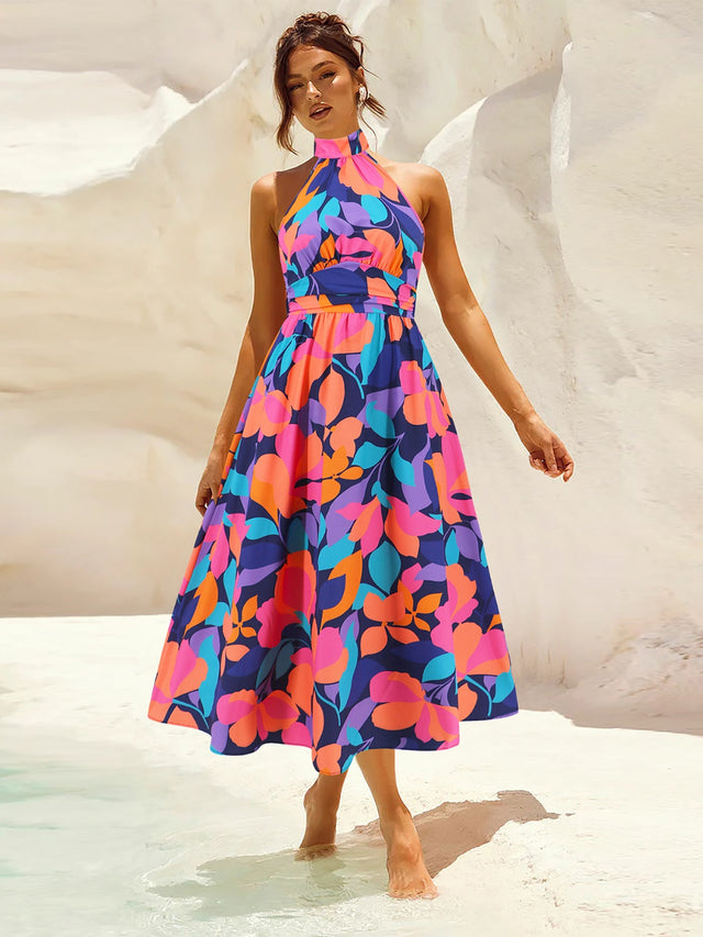 Ruched Printed Halter Neck Dress.