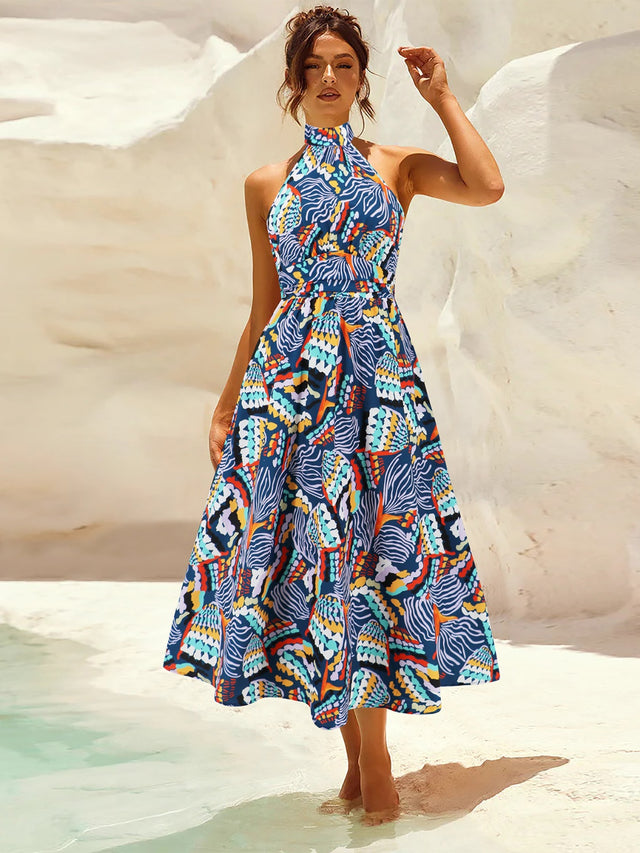 Ruched Printed Halter Neck Dress.
