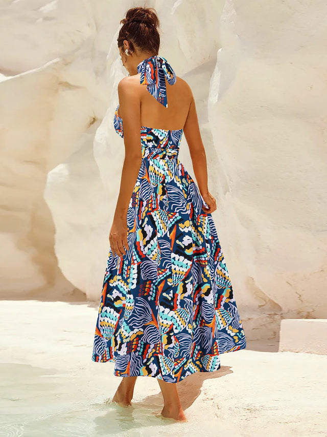 Ruched Printed Halter Neck Dress.