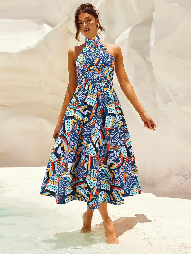 Ruched Printed Halter Neck Dress.