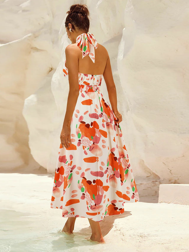 Ruched Printed Halter Neck Dress.