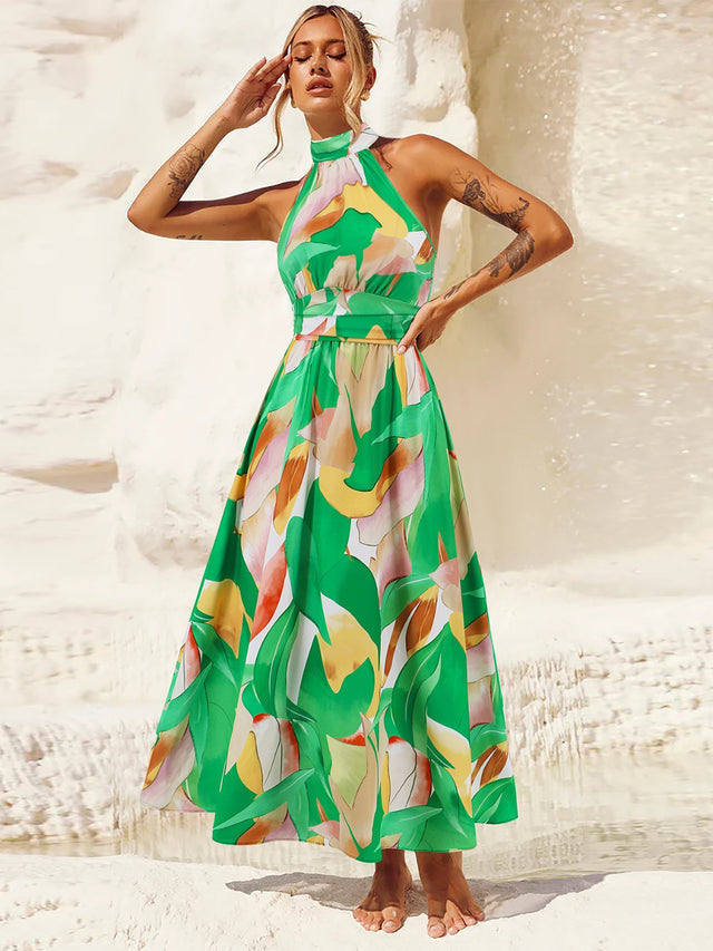 Ruched Printed Halter Neck Dress.