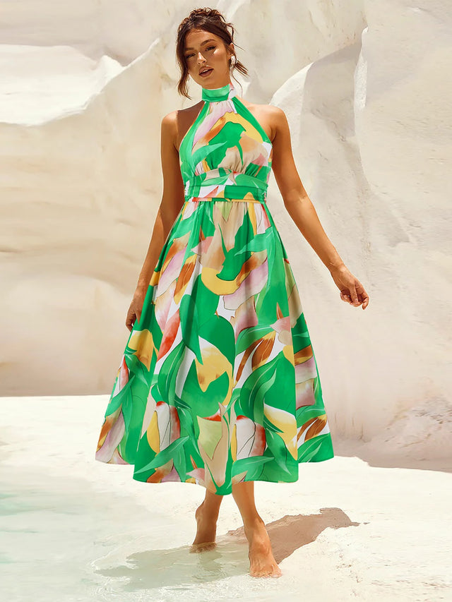 Ruched Printed Halter Neck Dress.