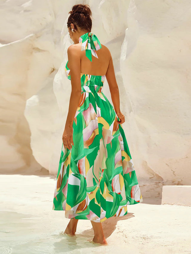 Ruched Printed Halter Neck Dress.