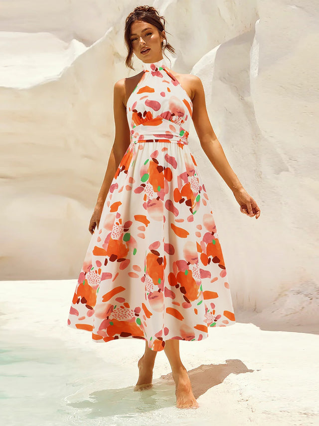 Ruched Printed Halter Neck Dress.