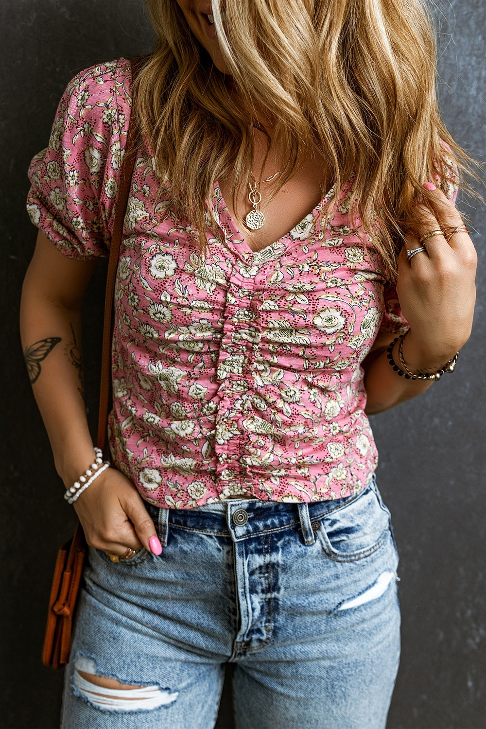 Ruched Printed Puff Sleeve Blouse.