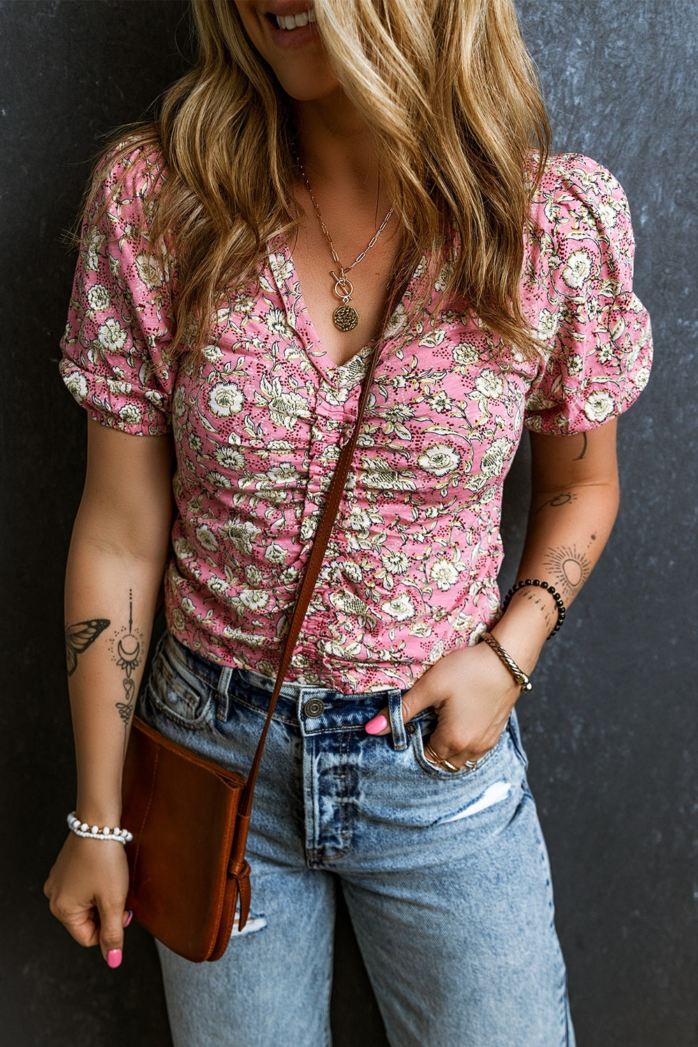 Ruched Printed Puff Sleeve Blouse.