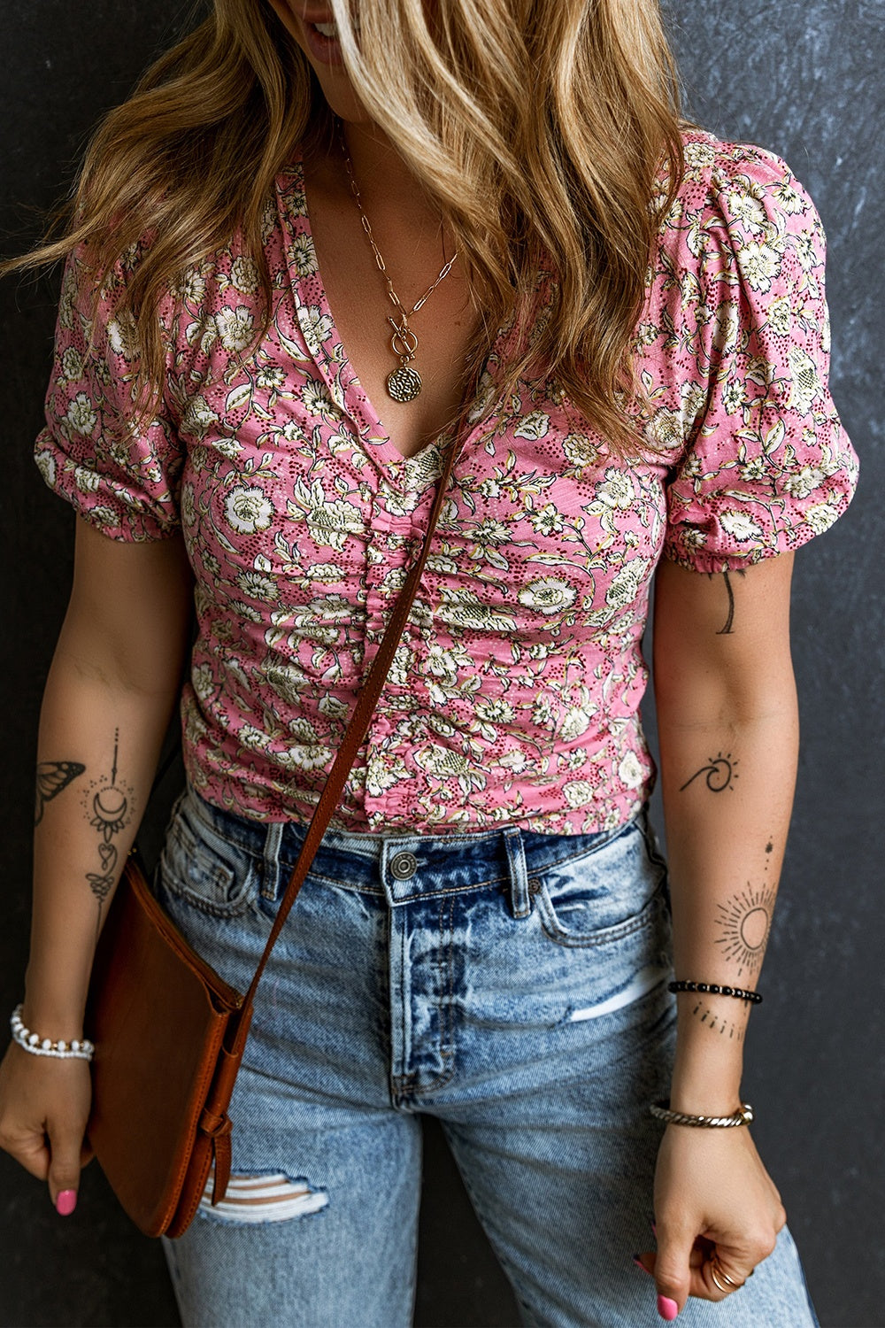 Ruched Printed Puff Sleeve Blouse.