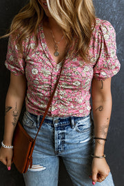Ruched Printed Puff Sleeve Blouse.