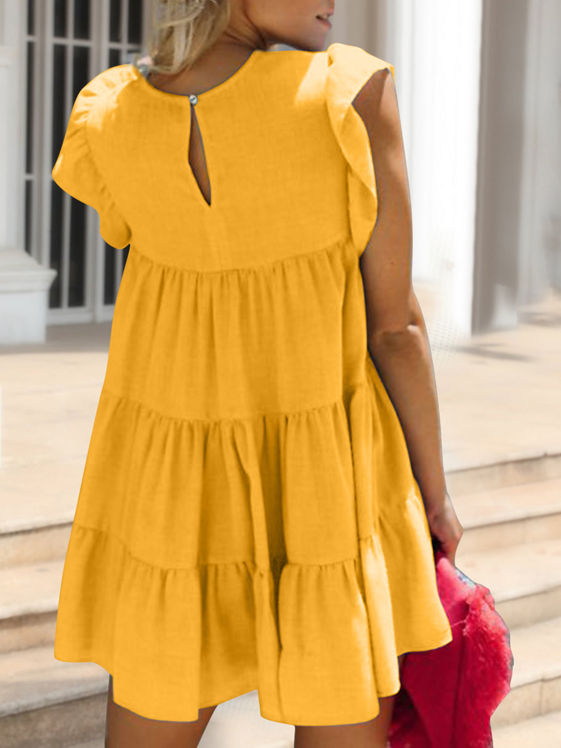 Ruched Round Neck Cap Sleeve Mini Dress.